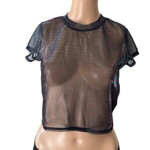 Iridescent Mesh Top With Different Color Neon Metallic Striping